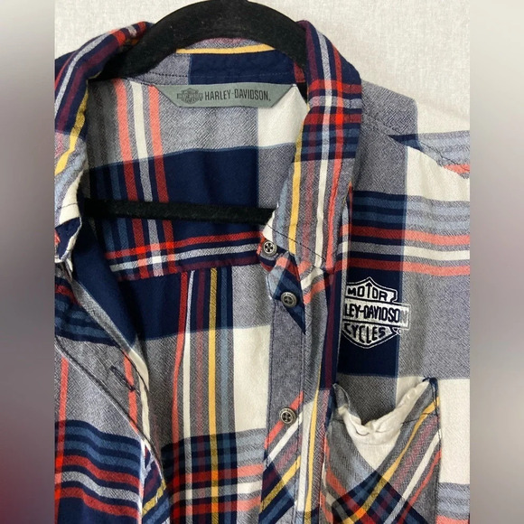 Harley Davidson black red white plaid raw hem button Shirt Sz L - Picture 4 of 11